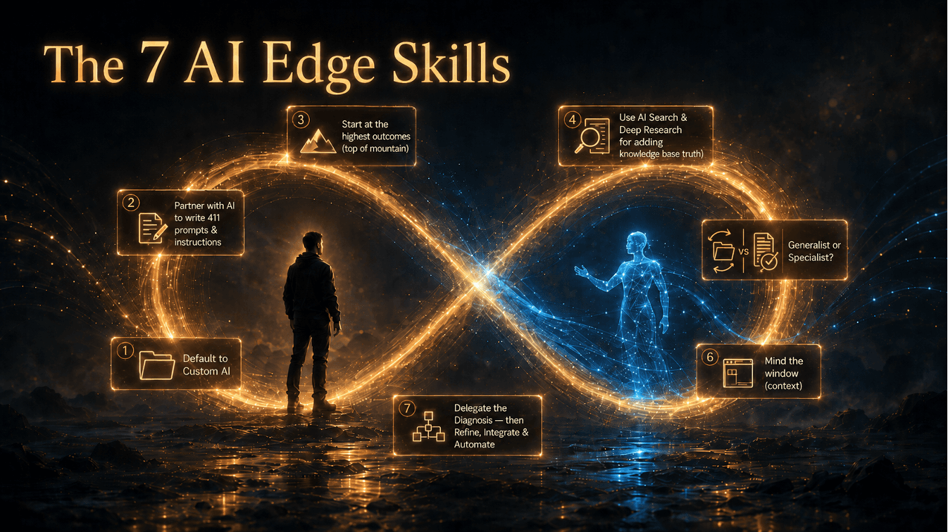 The 7 AI Edge Skills: Default to Custom AI; Partner with AI to write all prompts and instructions; Start at the highest outcomes; Use AI Search and Deep Research; Generalist or Specialist; Mind the window (context); Delegate the Diagnosis then Refine, Integrate and Automate.