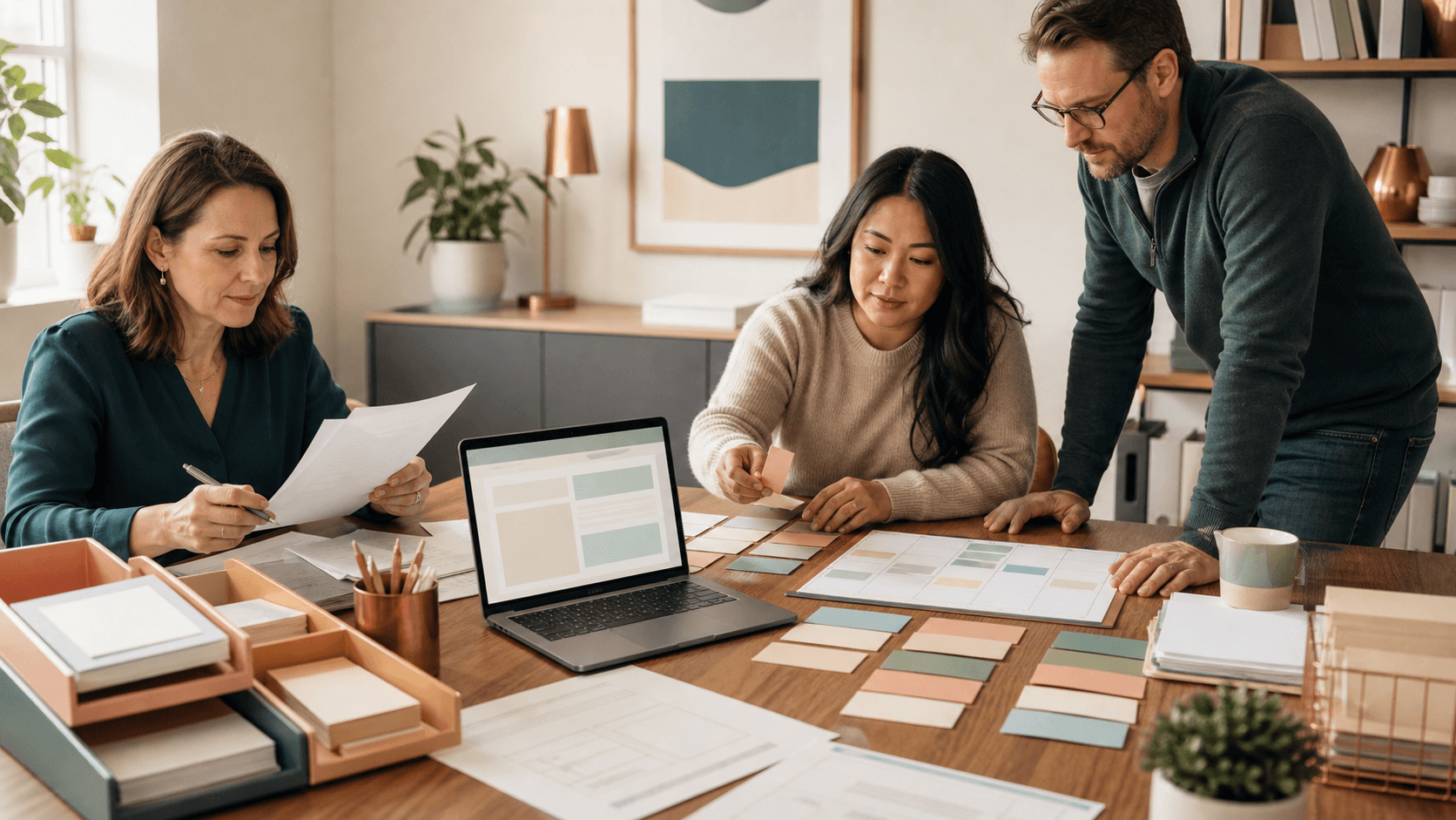 An office manager, service coordinator, and facilitator review an AI-assisted admin workflow with blank task cards, report drafts, and a laptop.