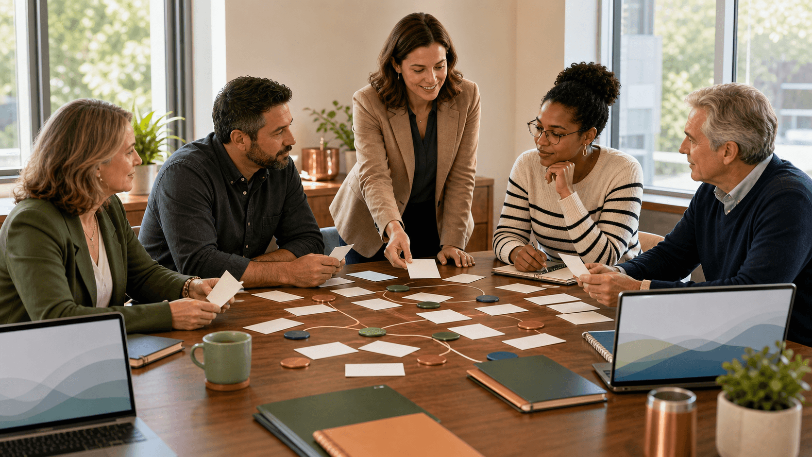 A Chamber program coordinator, AI facilitator, and local business owners map member AI readiness using blank question cards, workflow markers, and laptops in a community boardroom.