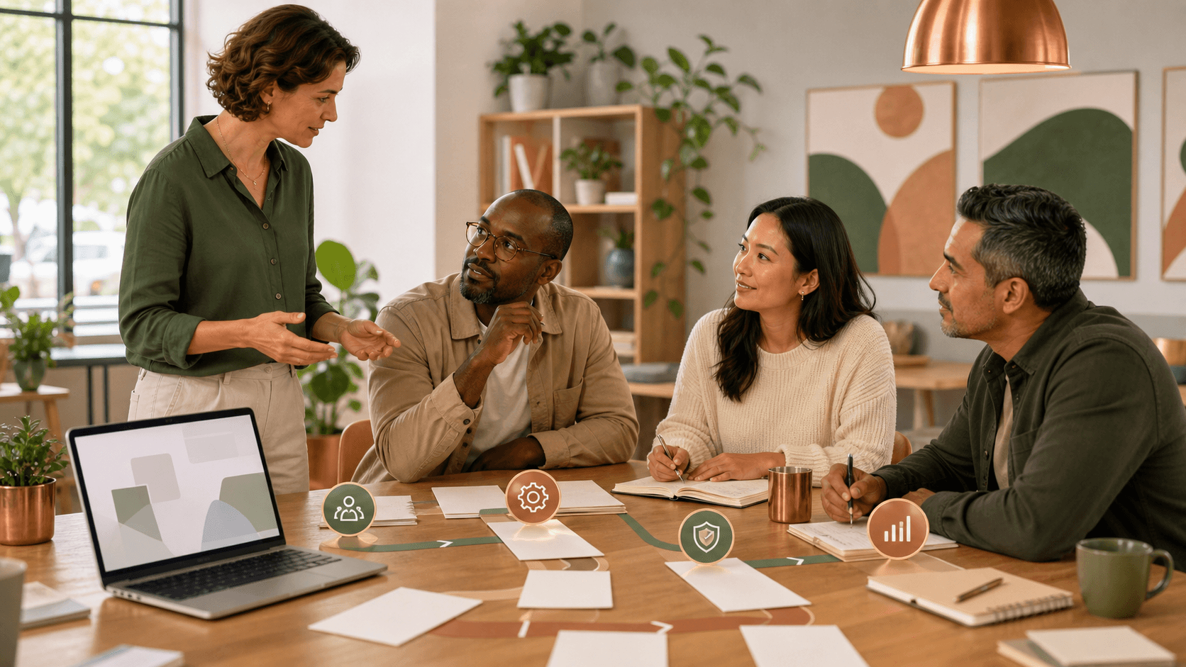 An instructor guides small-business leaders through an AI Edge learning pathway with blank cards, notebooks, and a laptop in a community training room.