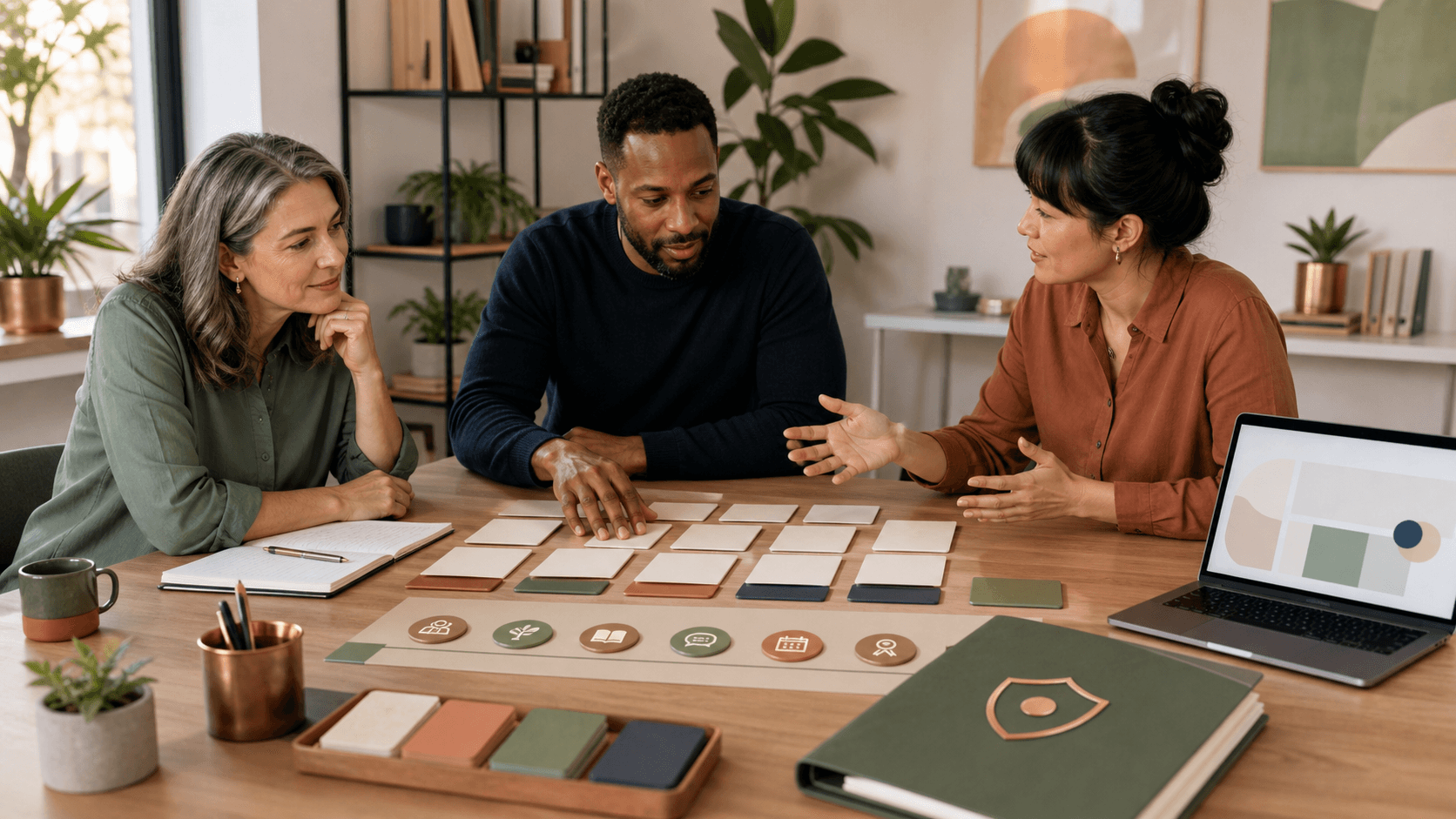 An HR lead, manager, and AI instructor review blank onboarding cards, training pathway markers, and a privacy folder during a people-operations workshop.