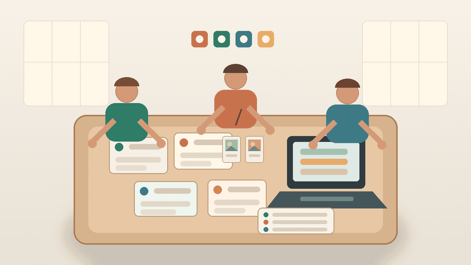 A small-business owner, Chamber program coordinator, and AI instructor review blank marketing content cards and an approval checklist during a practical workshop.