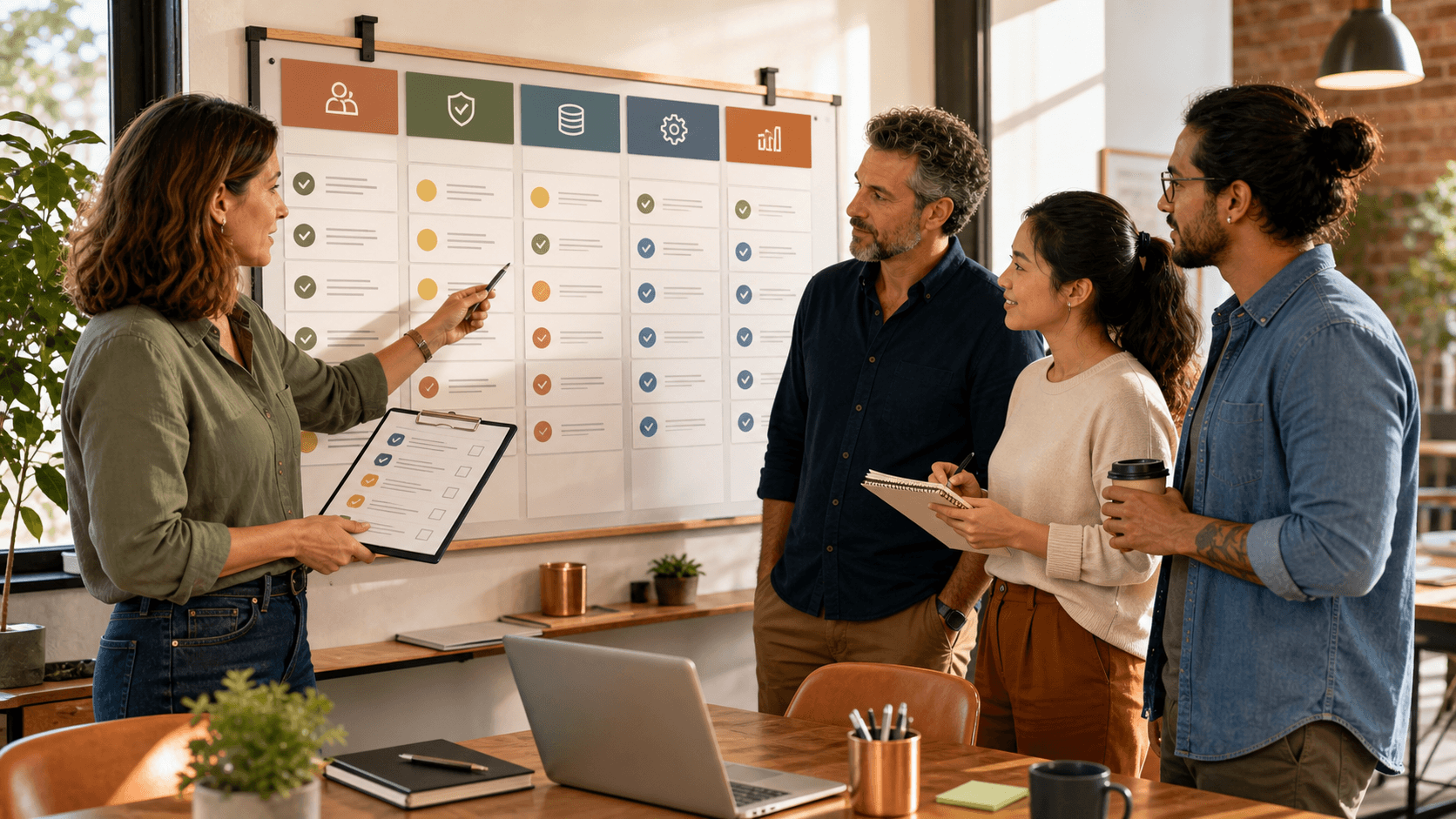A facilitator leads a small-business team through an AI readiness checklist on a workshop board.