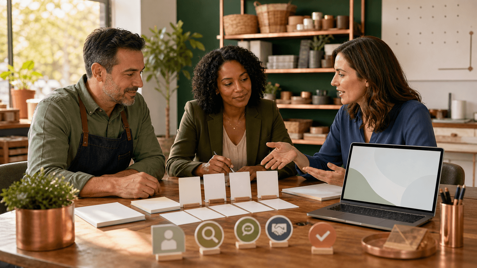 A small-business owner, sales lead, and AI instructor review blank customer follow-up cards, proposal notes, and a simple sales workflow map during a practical workshop.