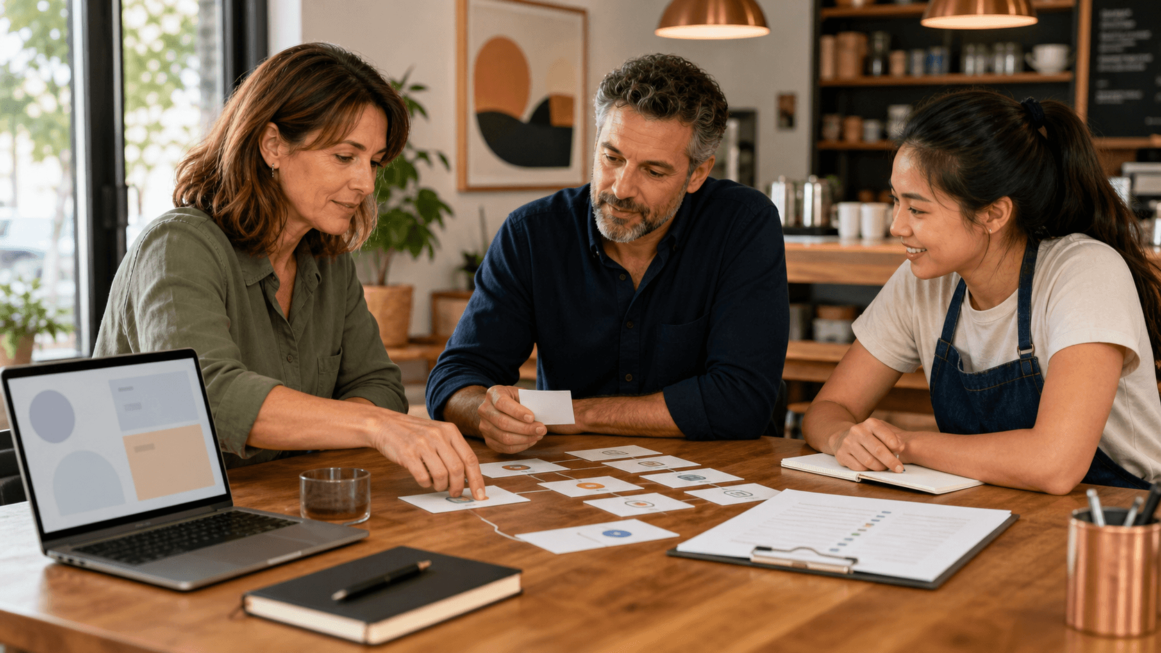 A small-business team sorts workflow cards and an AI skills checklist during a practical training session.