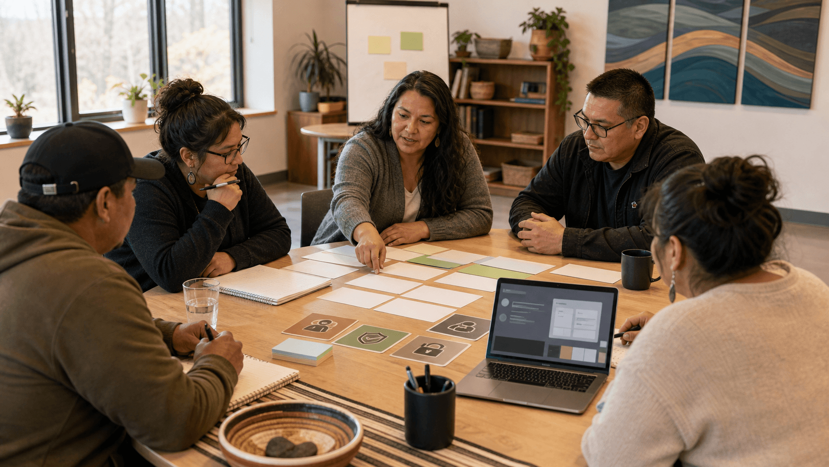 Community organization staff and a facilitator review blank workflow, privacy, and data stewardship cards during a practical AI training session.