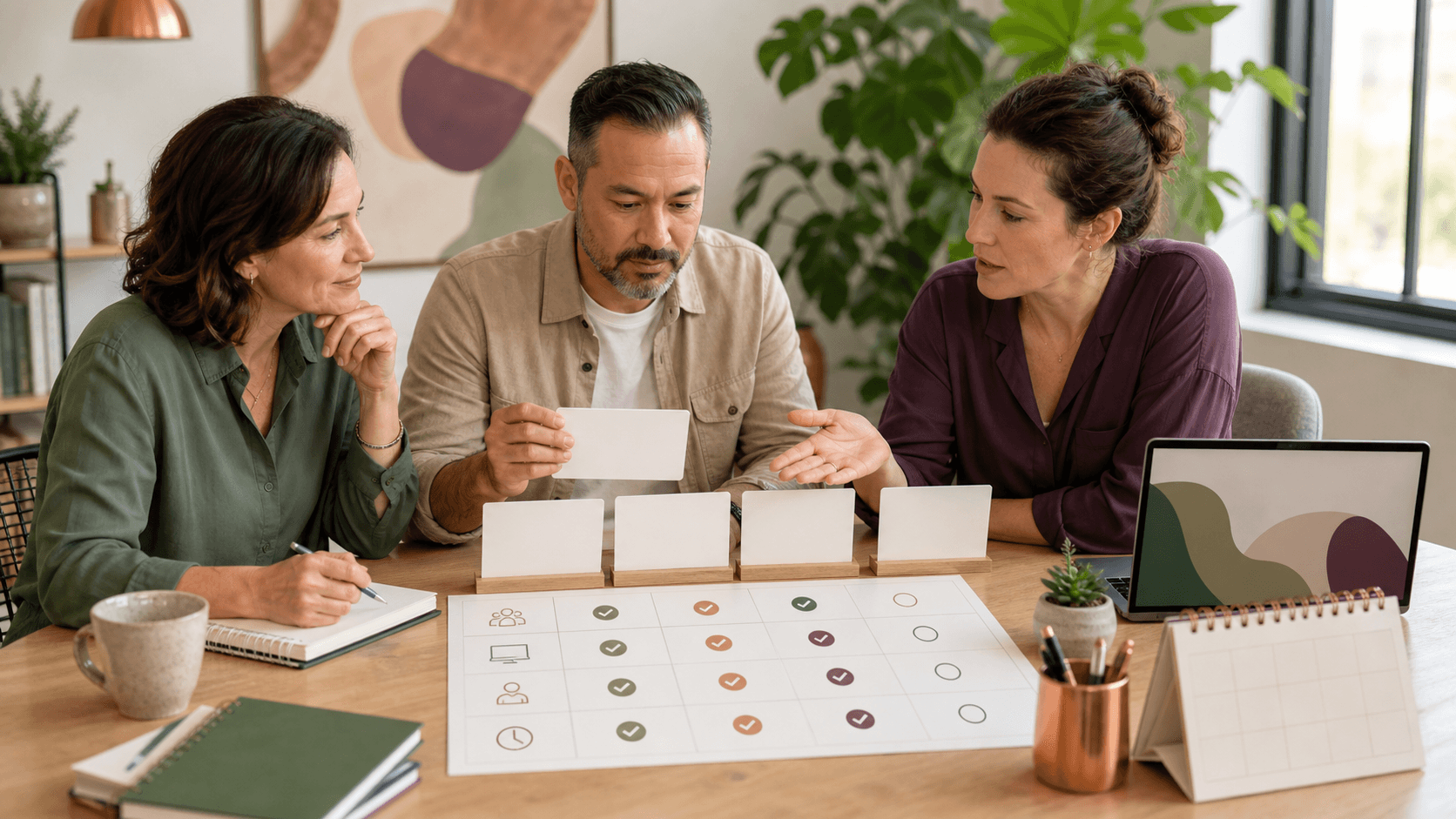 A business owner, operations lead, and AI instructor compare blank AI training pathway cards, an icon-only evaluation grid, notebooks, and a laptop.