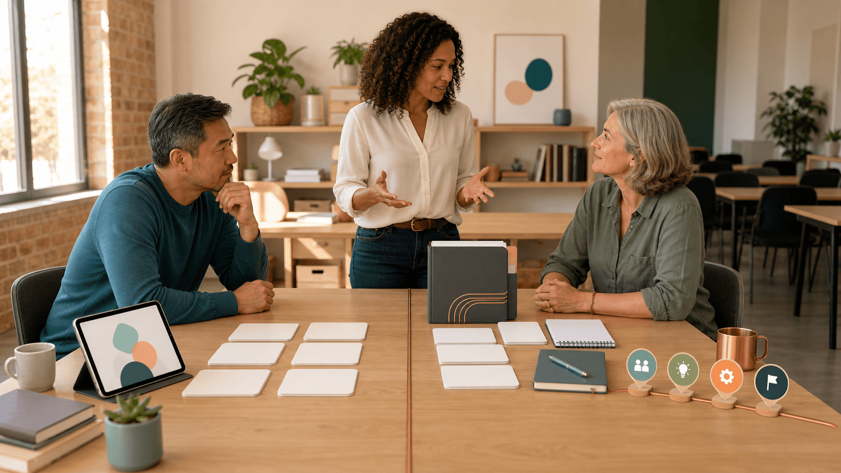 A small-business owner, operations lead, and facilitator compare blank self-study cards with hands-on AI training pathway cards in a bright training room.