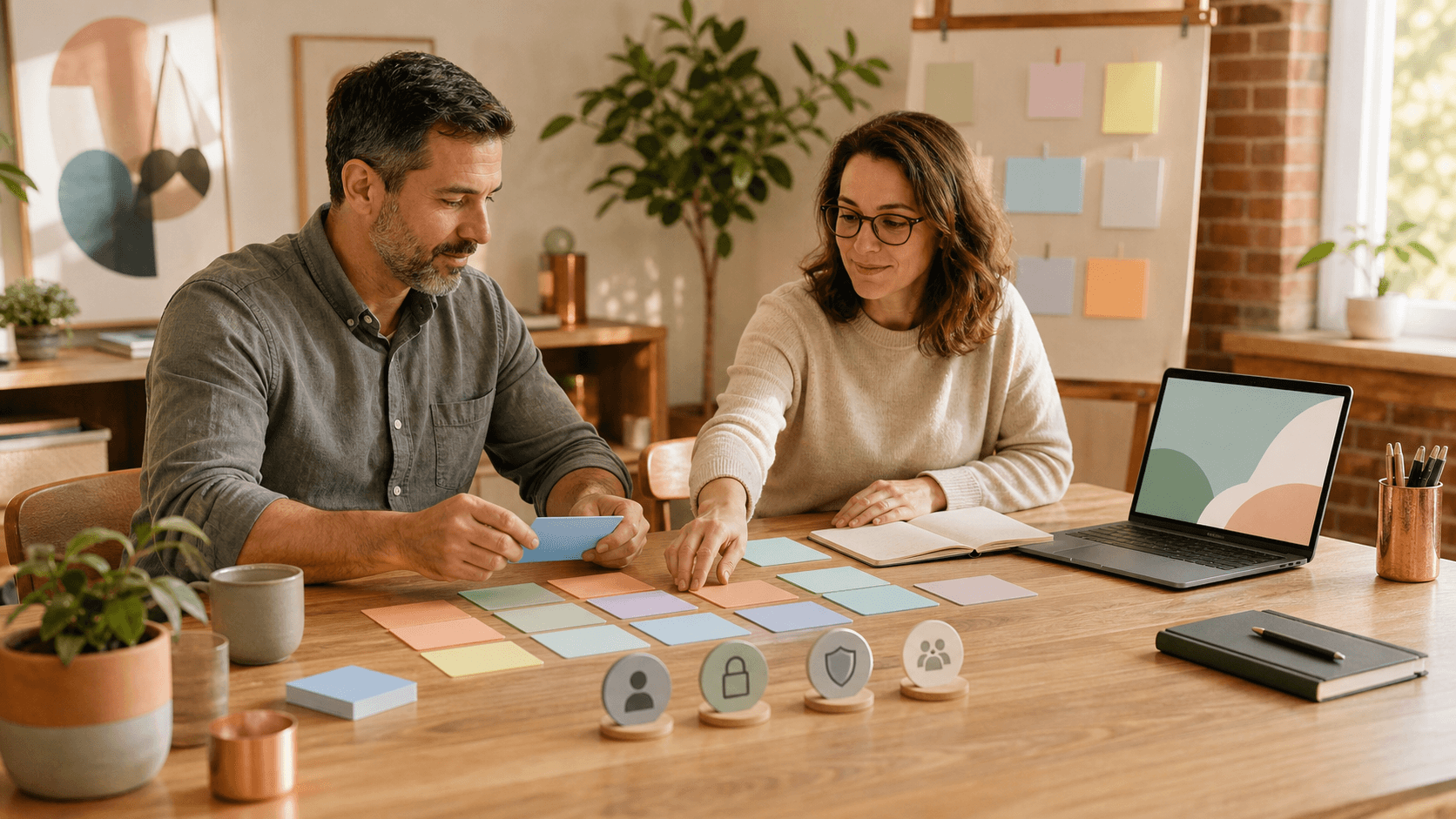 A small-business owner and facilitator arrange blank policy cards during a practical AI governance workshop.