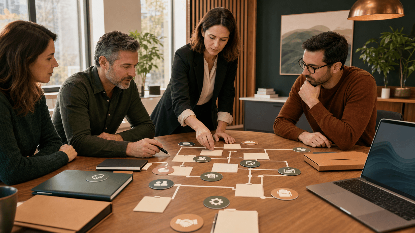 Business leaders and a facilitator map internal knowledge flows, review gates, and data boundaries beside a laptop during an AI adoption workshop.