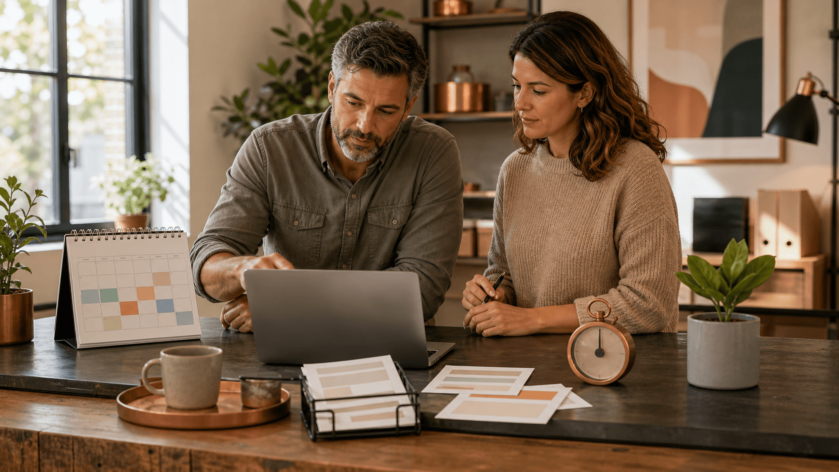 A small-business owner and operations lead review an AI-assisted weekly workflow beside a laptop, blank calendar, request cards, and timer.