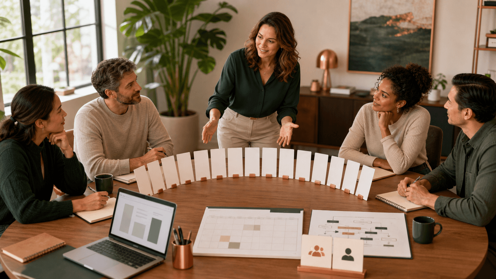 An instructor guides business owners through a blank 12-step AI Edge cohort progression at a training table with notebooks and a laptop.