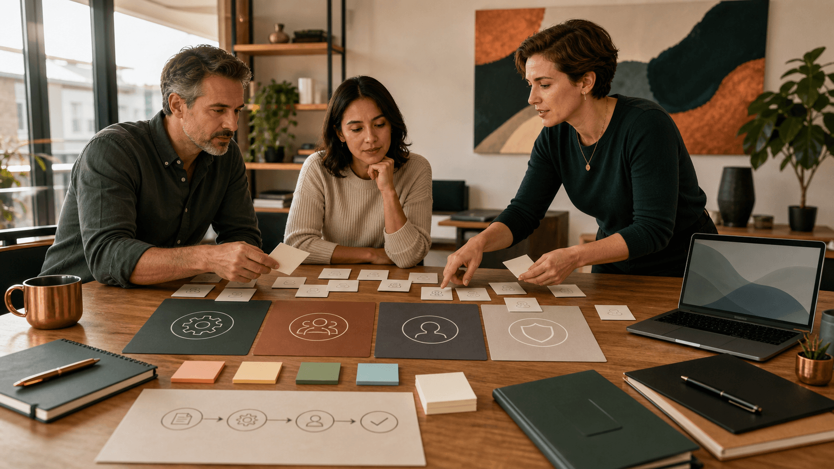 A business owner, operations lead, and AI instructor sort failed AI pilot cards into workflow, team practice, review, and governance zones.