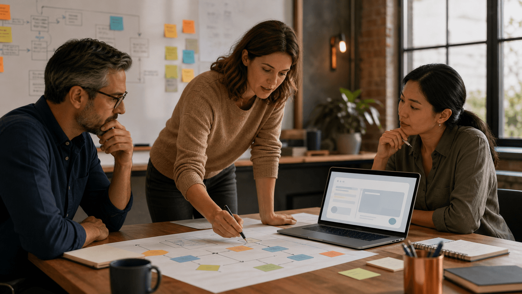 A facilitator and two managers review a workflow map beside a laptop during a practical AI training session.